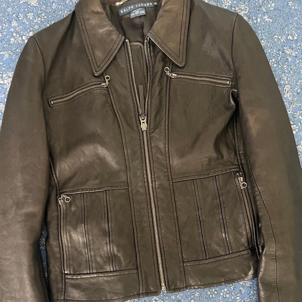 VTG Ralph Lauren black dark Brown Leather Jacket silver zippers collar 10
